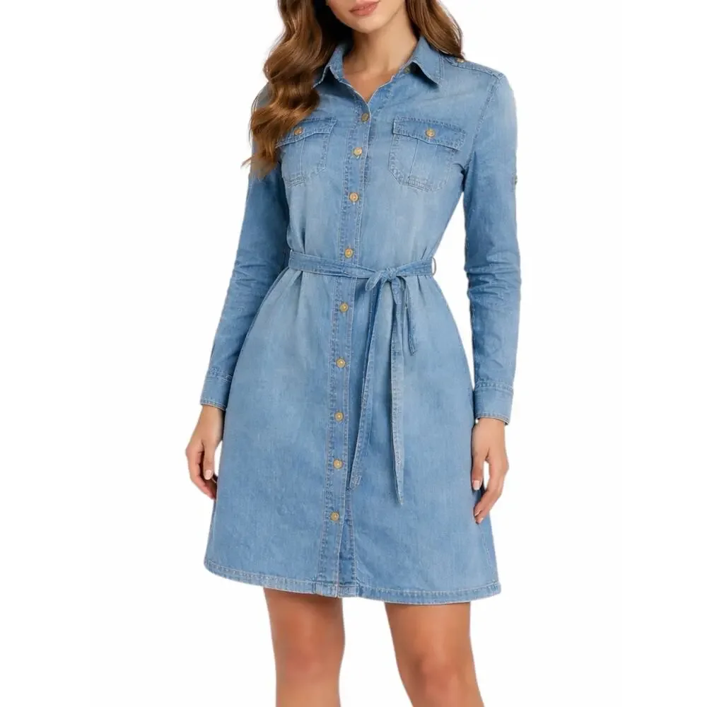 Tory Burch Brigette Belted Tie Denim Shirt Dress Light Wash Size 2